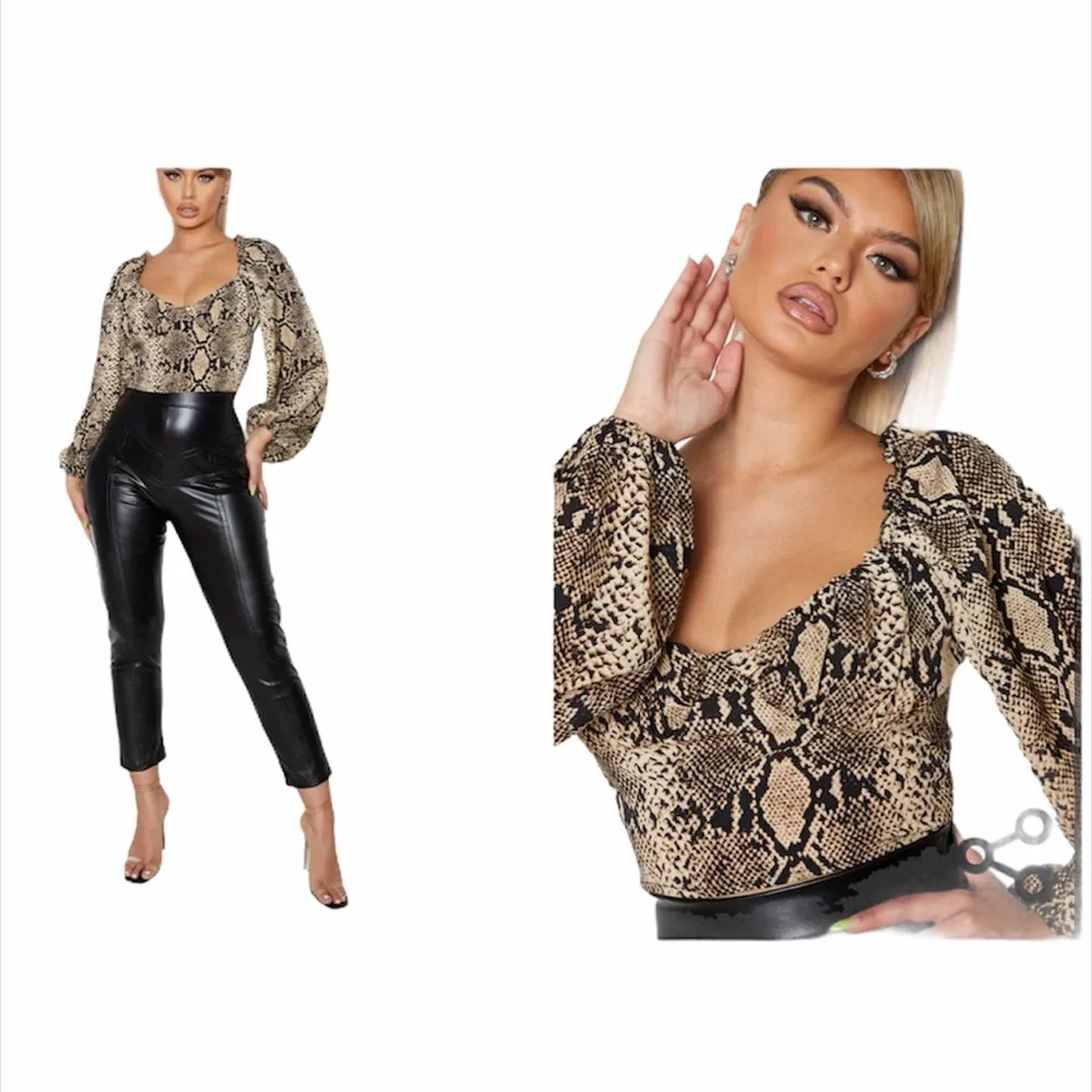 ⭐️ PRETTYLITTLETHING Nude Woven Cup Detail Long Sleeve Crop Top Python Print - Picture 2 of 10